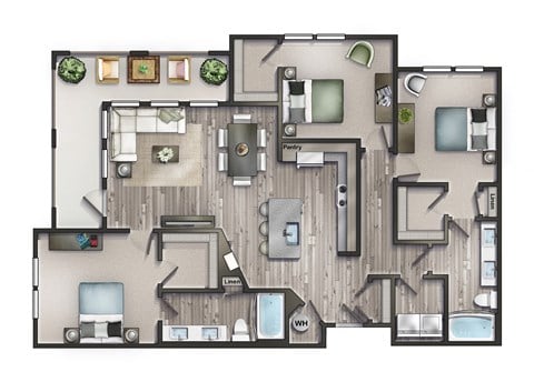 Floor plan for 3 beds, 2 baths, 1424 sqft